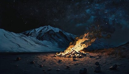 Naklejka na ściany i meble a campfire in the middle of a field with mountains in the background and stars in the night sky above the mountain range in the foreground. generative ai