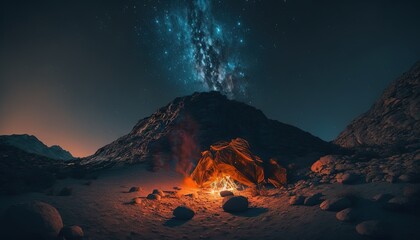 Obraz na płótnie Canvas a campfire in the middle of a desert under a night sky filled with stars and the milky in the distance with a mountain in the foreground. generative ai
