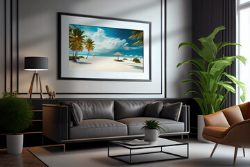 Modern living room interior, with plants sofa and beach painting on the wall. Generative AI.