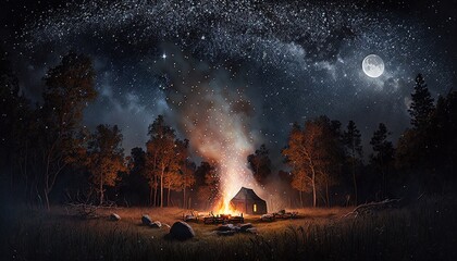  a painting of a campfire with a cabin in the background at night with stars and the moon in the night sky above the campfire.  generative ai