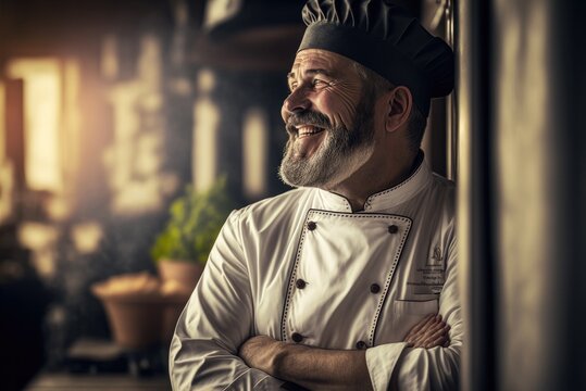 Collage of an experienced older chef in a chef's hat and white uniform cooking his favorite recipe, trying to get a michelin star. Nice studio cinematic atmosphere lighting. AI generative