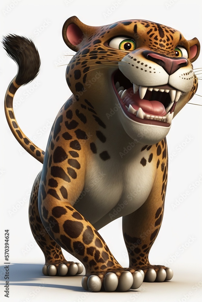 Poster a cartoon leopard with its mouth open and a big grin on it's face, standing on one foot and looking 