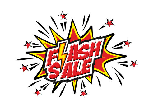 Flash sale template poster or banner with Flash icon, stars, explosion and lightning in comic style. Vector on transparent background for print, social media and website.
