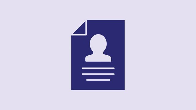 Blue Resume icon isolated on purple background. CV application. Searching professional staff. Analyzing personnel resume. 4K Video motion graphic animation
