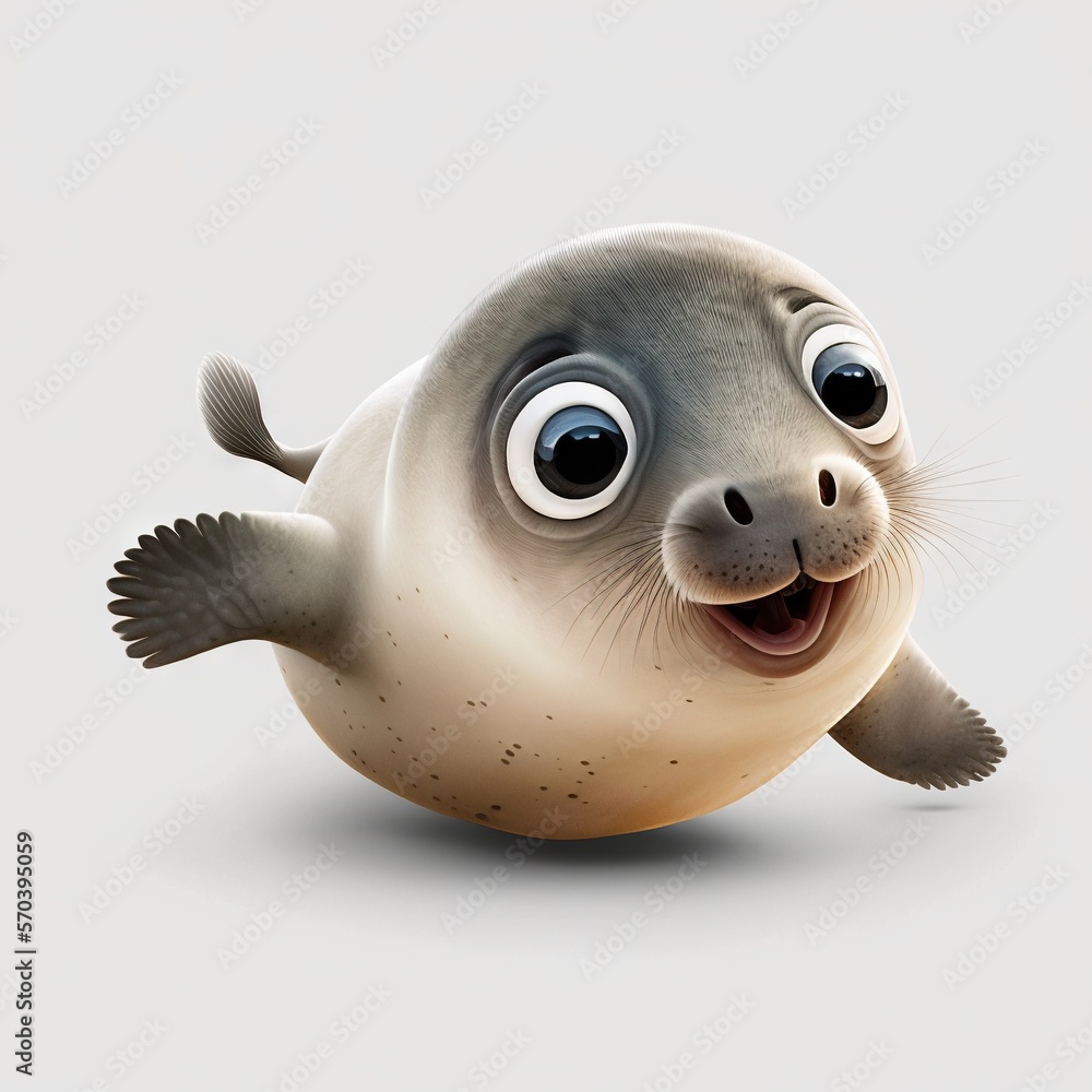 Poster a seal with big eyes laying on the ground with its mouth open and eyes wide open, with one eye wide 