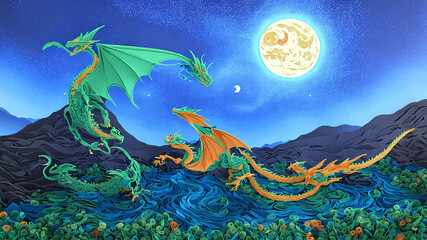 Hermoso Paisaje Nocturno con Dragones, IA Generativa