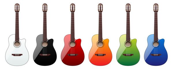 Vector set of colorful classical acoustic guitars, isolated on a white background. - obrazy, fototapety, plakaty