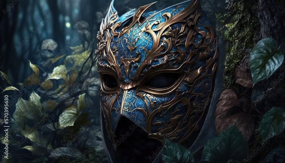Poster a blue mask with gold details in a forest scene with leaves and flowers on the ground and a tree tru