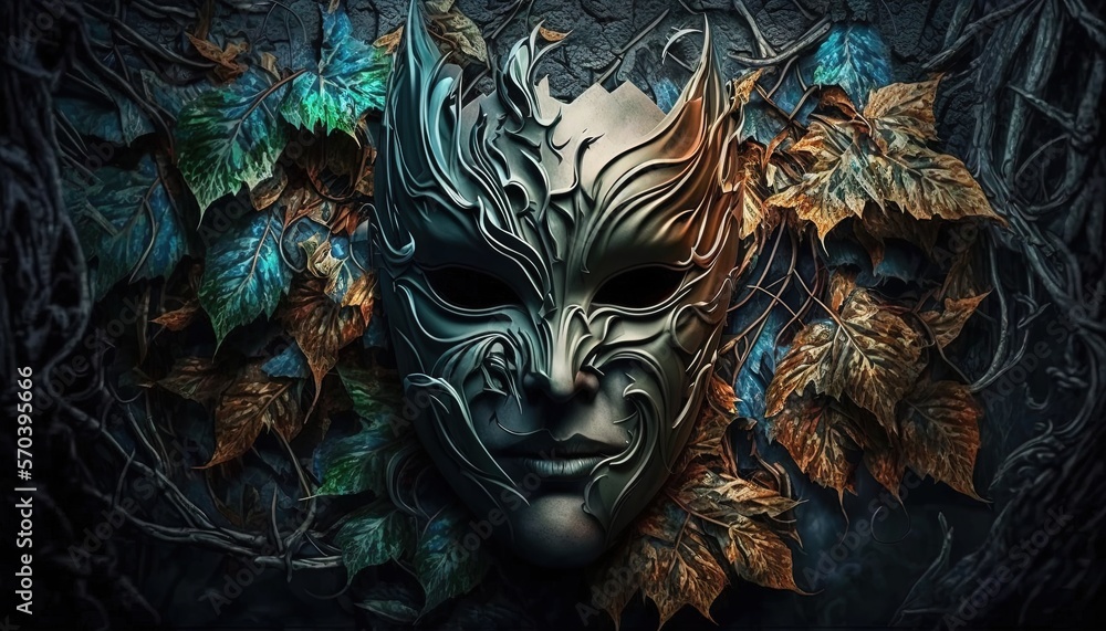Poster a mask with leaves around it and a face painted on the front of it, surrounded by vines and leaves, 