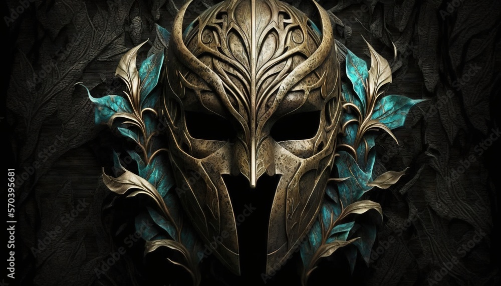 Aufkleber a close up of a mask with leaves on it's face and a black background with leaves on it's face and a 