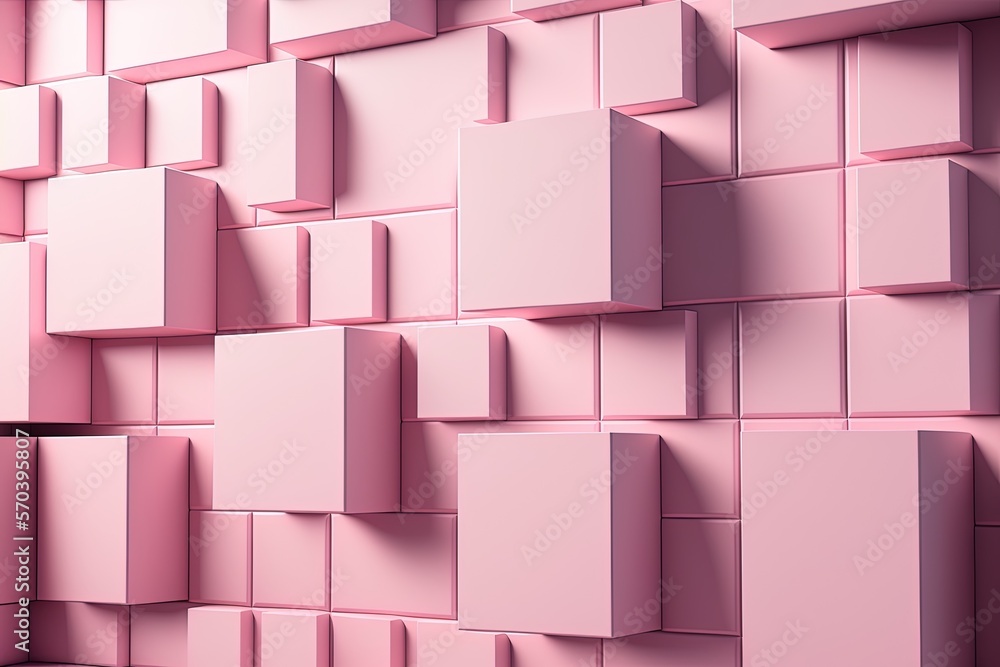 Poster pink wall made of semiglossy tiles. background is futuristic cubes arranged in a rectangular pattern