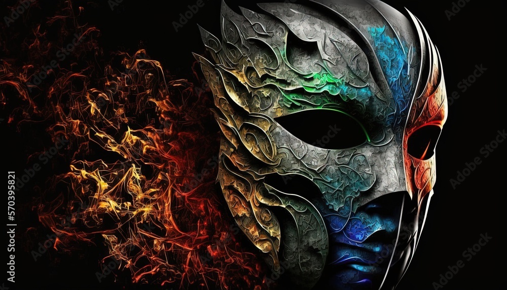 Poster a colorful mask with flames surrounding it on a black background with a red and green fire behind it