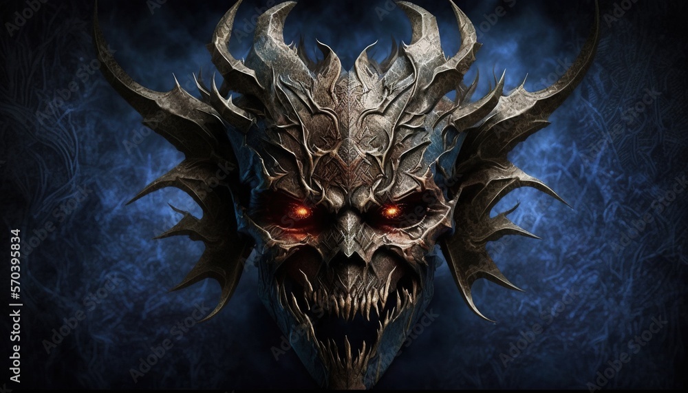 Poster a demonic mask with red eyes on a blue background with a black background and a red light in the cen