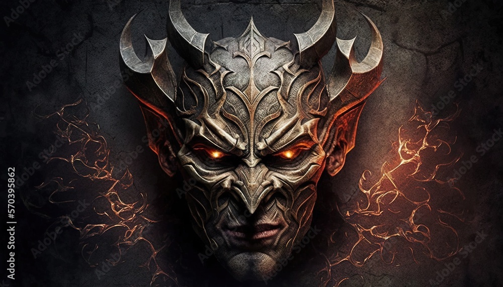 Poster a demonic mask with horns and glowing eyes on a dark background with a lightning effect in the cente