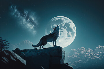 Realistic portrait of a wolf howling at the moon in the wild. Cinematic light, ai generative illustration.