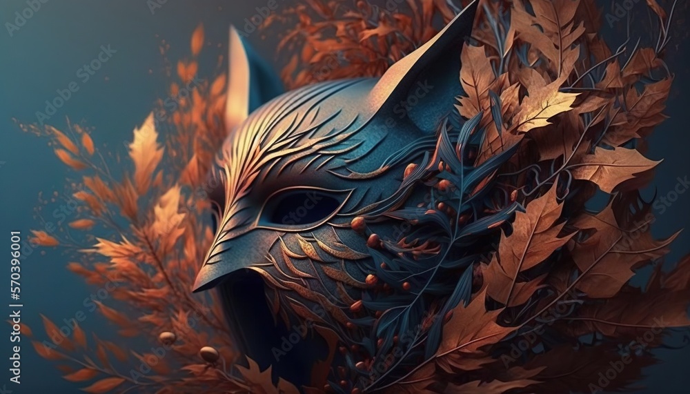Poster a mask with leaves around it on a blue background with a blue background and a blue background with 