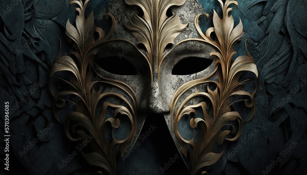 Poster a close up of a mask on a black background with a pattern of leaves and vines on the face of a man's