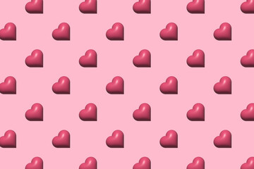 Seamless pattern from magenta hearts on pastel pink background. Valentine's day, love concept. Mother day. Design for wrapping paper, fabrics, covers, cards, wallpaper and textile. 3D illustration