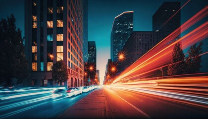  a city street at night with long exposure of light streaks on the road and buildings in the background with a blue sky and some buildings.  generative ai