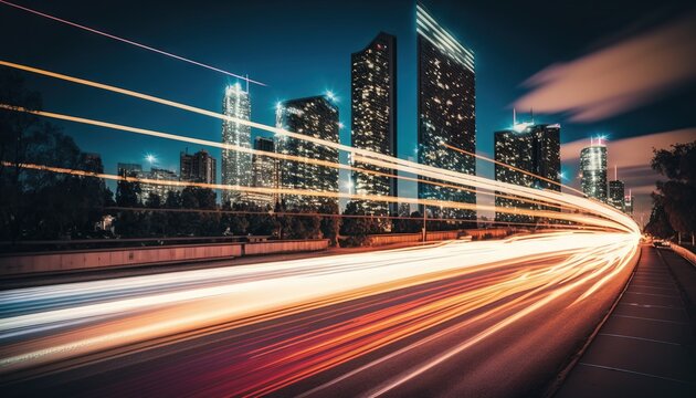  a blurry photo of a city at night with a lot of lights in the foreground and buildings in the background with a long exposure.  generative ai