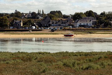Bay of Pont de Toul An H&eacute;ry, with some boats at low tide, Brittany, France