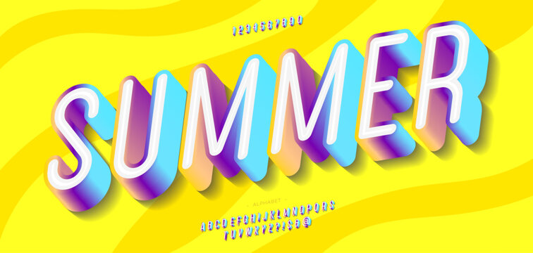 Vector summer font 3d bold colorful style modern typography for infographics, motion graphics, video, promotion, decoration, logotype, party poster, t shirt, book, animation, banner, game, printing