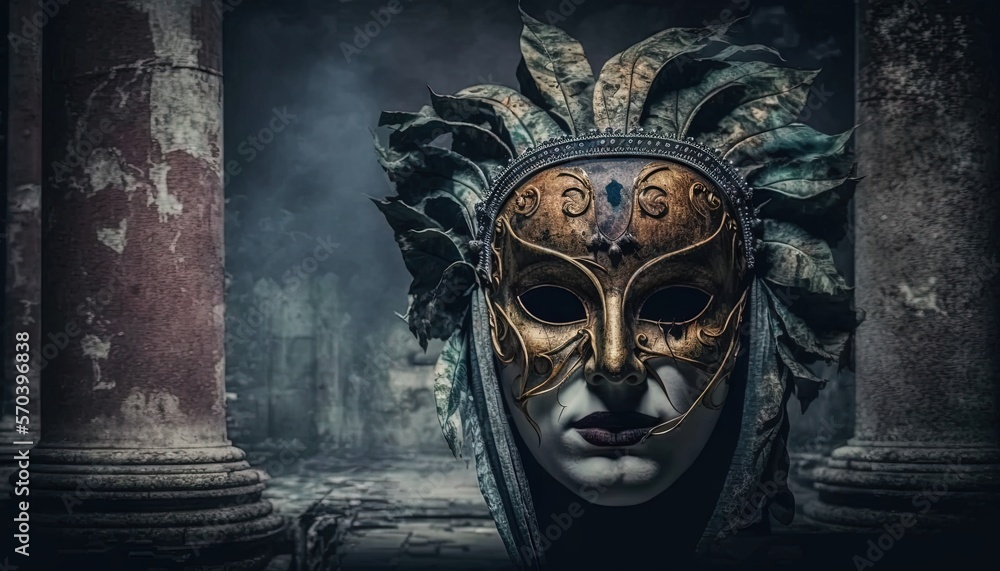 Poster a man wearing a mask with leaves on his head in a dark room with columns and columns in the backgrou