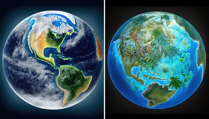  a picture of the earth and a picture of the earth with plants growing on top of the earth, both of which are blue and green.  generative ai