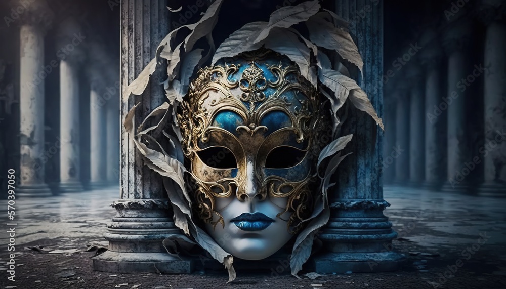 Poster a mask with leaves on it sitting in front of a pillar in a dark room with columns and columns around