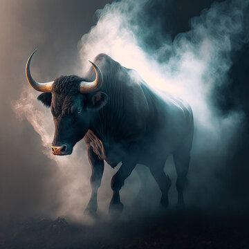 Bull rises from the ashes, engulfed in smoke - Generative AI