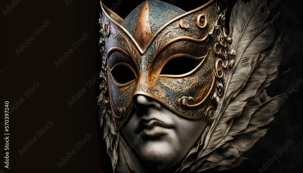 Poster a close up of a mask with feathers on it's head and a face with a large feather on it's head and a b