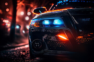 Police car in New York. Police car with red and blue emergency lights. Emergency vehicle lighting. LED blinker flasher Police car. Road traffic jam accident. Crime in City. Operation, control, patrol.