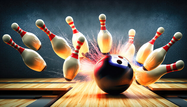 bowling ball crashing into the pins on bowling alley, Generative AI