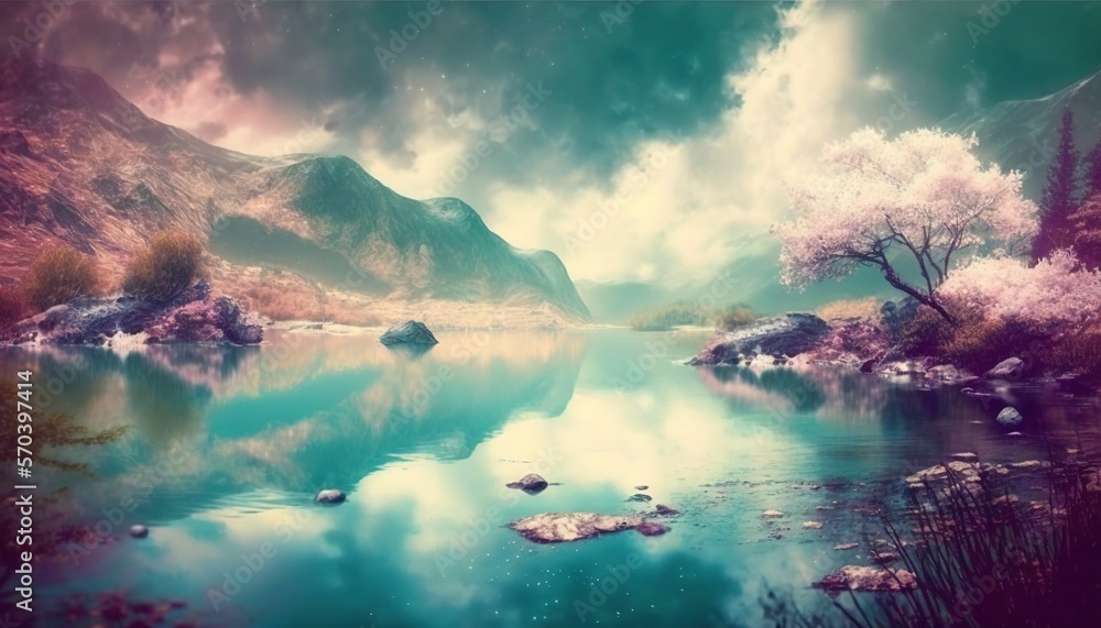 Poster a lake surrounded by mountains and trees under a cloudy sky with clouds in the sky and a few rocks i