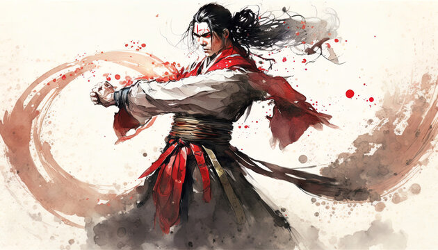 kungfu pose, Chinese Painting watercolor, Generative AI