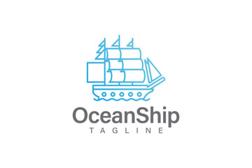 Ship and wave logo design vector with line art or monoline style