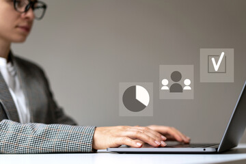 Businesswoman works using her laptop infographic recruitment kpi, check mark, diagram, employees.