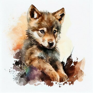 Cute baby wolf illustration. watercolor style. AI Generated