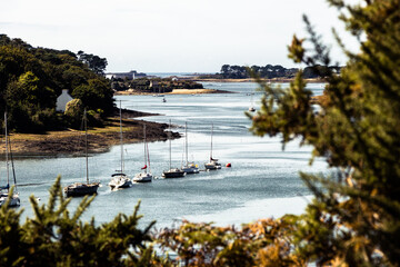 Idylillic Point de vue sur Aber Wrac'h with many sailboats, Plouguerneau, Brittany, France