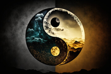 Yin Yang Symbol Day and Night Style - Yin Yang Symbol Series - Yin Yang Day and Night Style background wallpaper created with Generative AI technology - obrazy, fototapety, plakaty