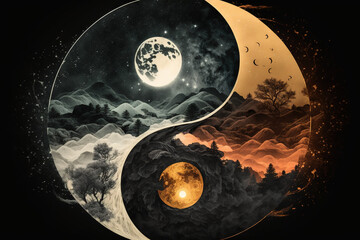 Yin Yang Symbol Day and Night Style - Yin Yang Symbol Series - Yin Yang Day and Night Style background wallpaper created with Generative AI technology