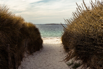 Path through the dunes to Plage des Trois Moutons, Lampaul-Ploudalmézeau, Brittany, France
