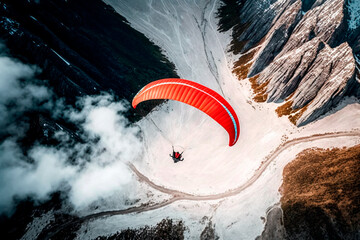 Adventure composite image of a paraglider flying high in the rocky mountains.Active lifestyle and adventure in extreme sports. Sunny sunset sky, generative ai.