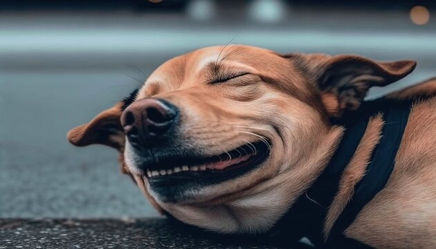  a brown dog laying on top of a street next to a street sign and a car on the side of the road with it's eyes closed.  generative ai