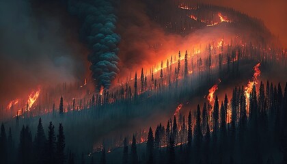  a forest filled with lots of trees and a fire blazing in the sky above it is a forest filled with lots of trees and a fire burning in the sky.  generative ai