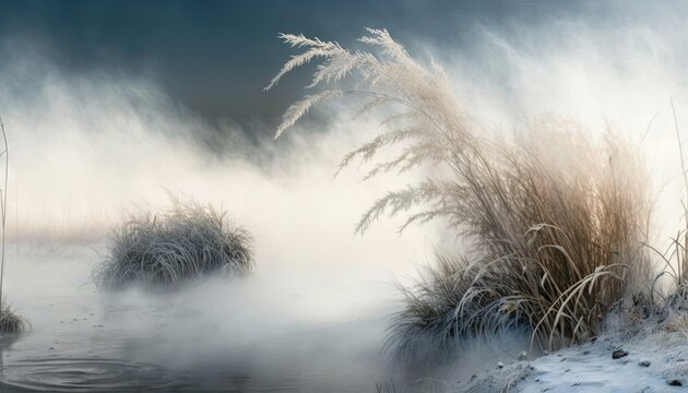  a picture of a lake in the winter with snow on the ground and reeds in the water and fog in the air, with a dark background.  generative ai
