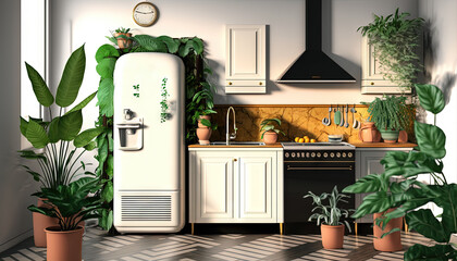  a kitchen with a refrigerator, potted plants, and a clock on the wall above the stove and sink is shown in this digital painting.  generative ai