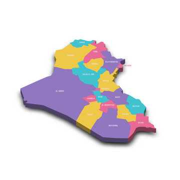Iraq political map of administrative divisions - governorates and Kurdistan Region. Colorful 3D vector map with dropped shadow and country name labels.