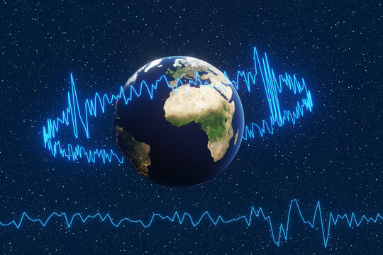 The planet Earth surrounded by an earthquake graph on universe background. Illustration of the concept of earthquake seismogram