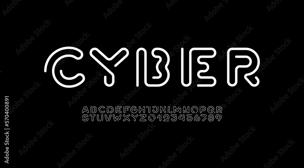 Poster digital style alphabet, font from segment rounded thin line, minimal linear style letters and number